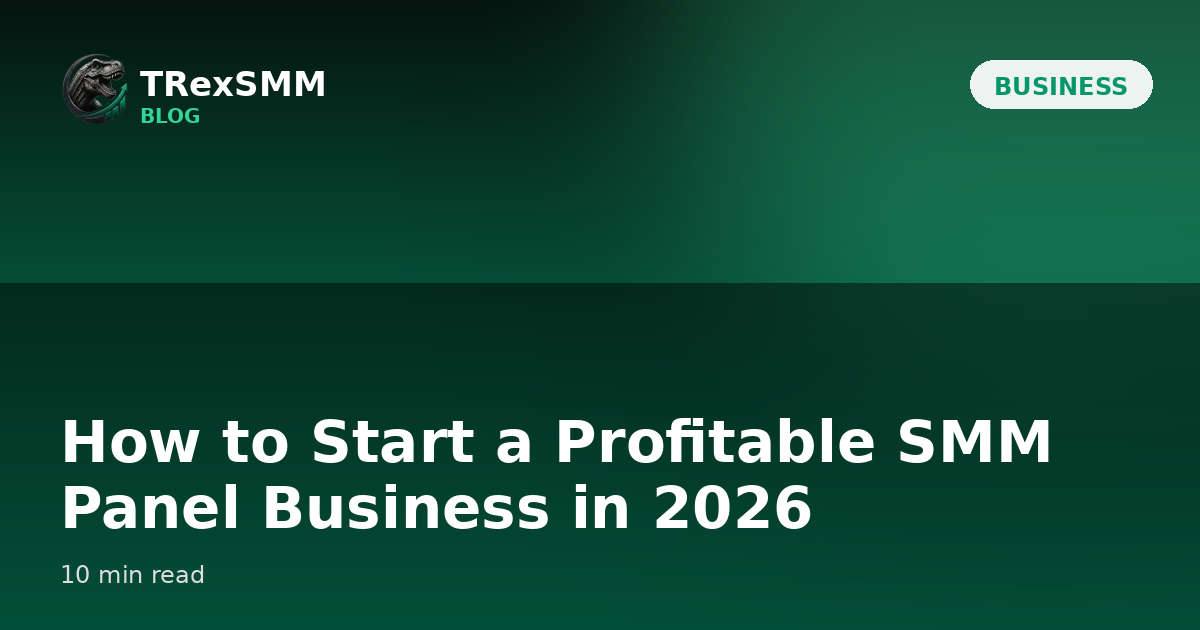 Business guide cover — a dashboard and profit arrow on an emerald gradient, TRexSMM 2026