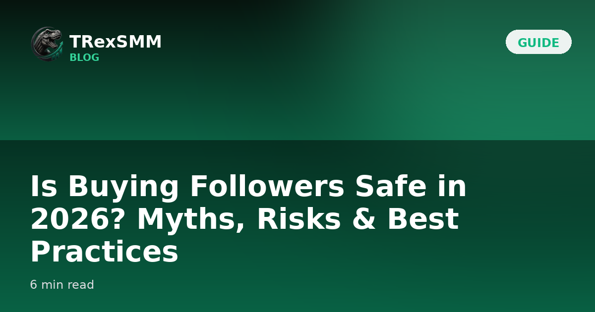 Guide cover — a shield and checkmark over social icons on an emerald gradient, TRexSMM 2026